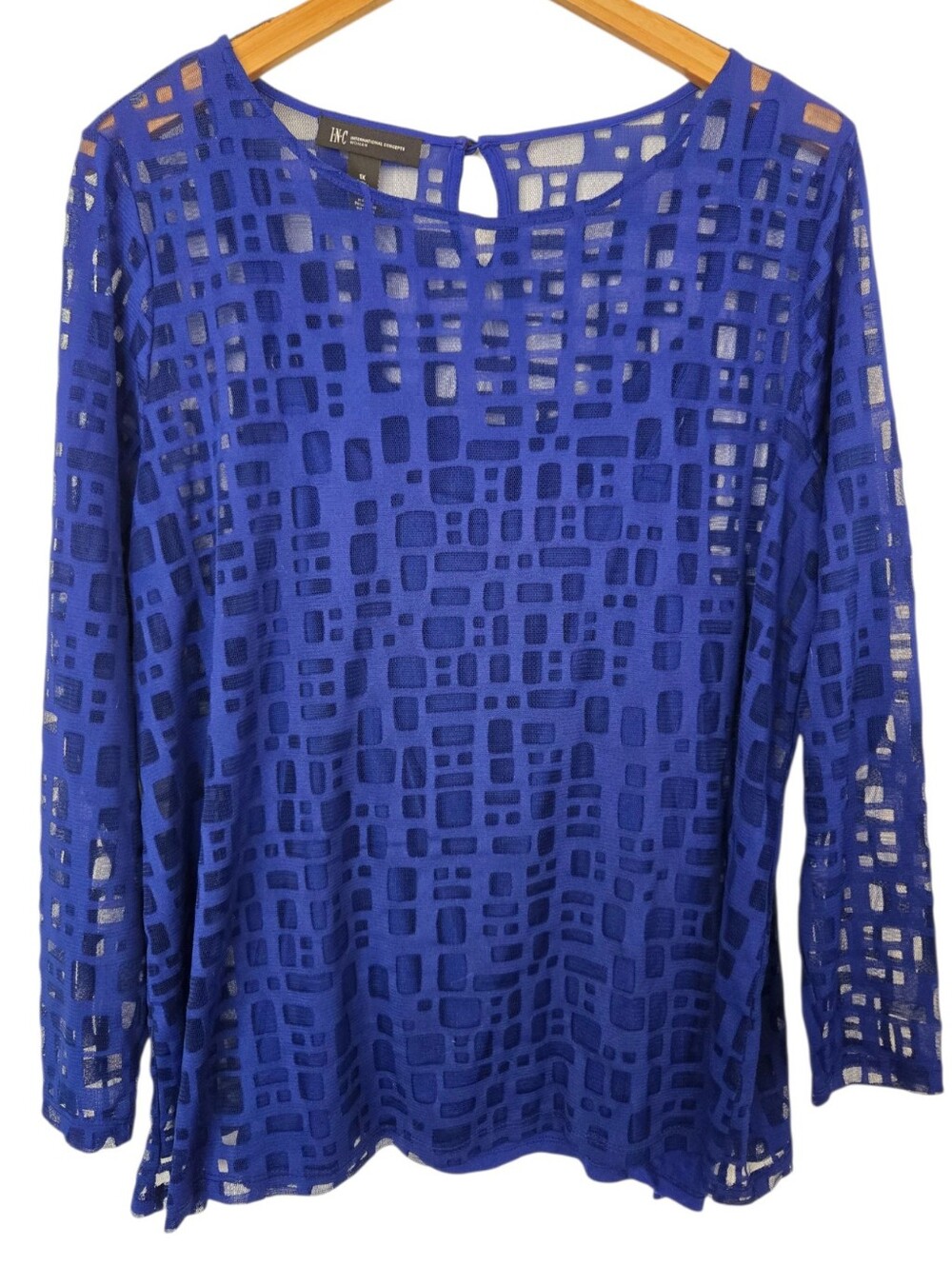 INC International Concepts 1X Cobalt Blue Sheer Geometric Burnout Long Sleeve To